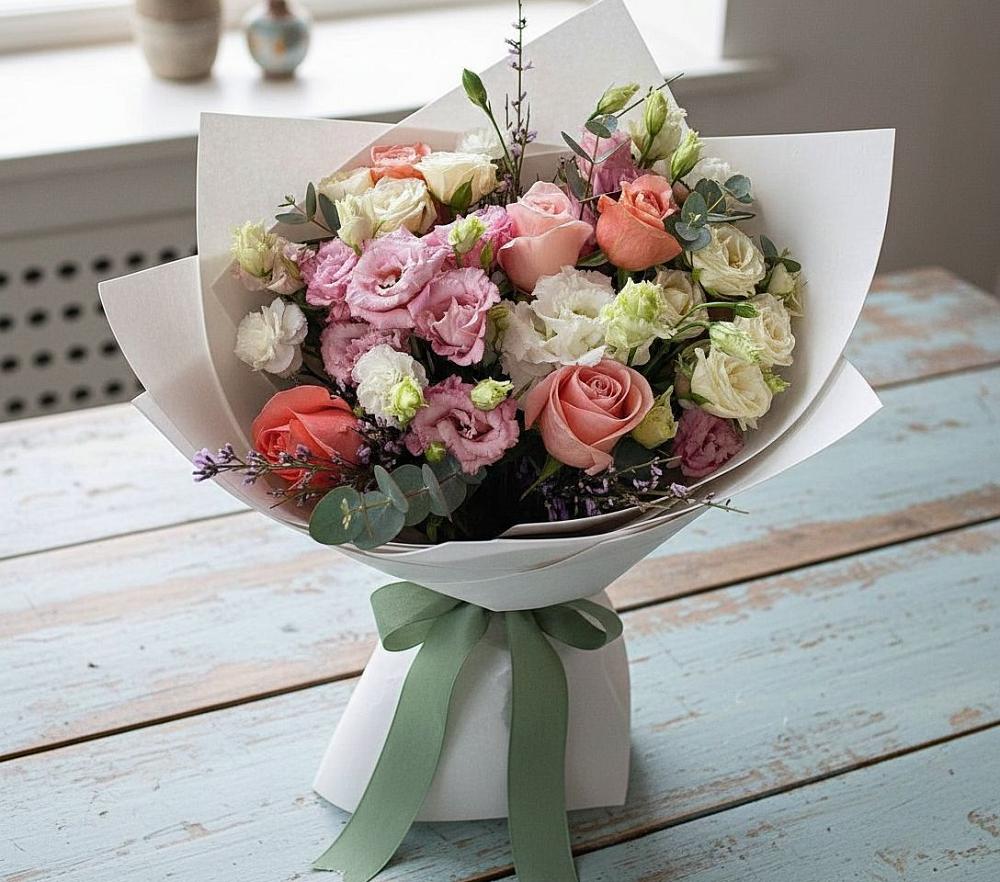 Букет цветов из: Розы, Лизиантусы и Гвоздики в Спорном