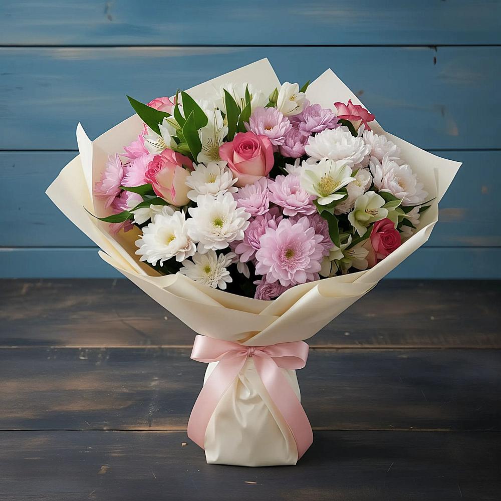 Букет цветов из: Хризантемы, Альстромерии и Розы в Спорном